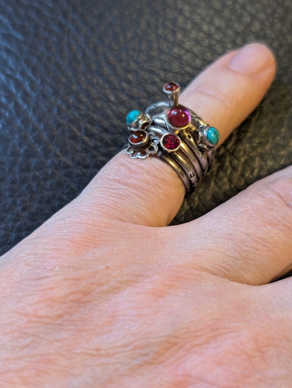 Stackable Silver Rings Set (6)with Turquoise and Red Stones - Picture 2 of 15